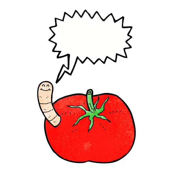 Tomate de dibujos animados con gusano con burbuja de habla — Vector de stock