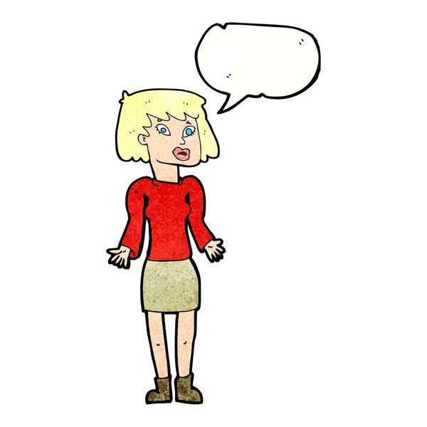 Cartoon woman shrugging shoulders with speech bubble — Stock Vector