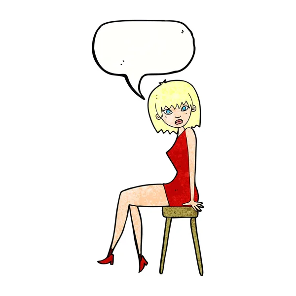 Cartoon woman sitting on stool with speech bubble — Stock Vector