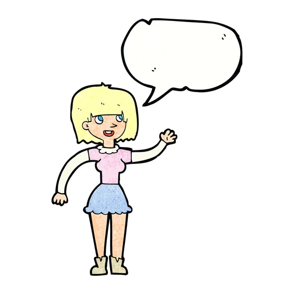 Chica de dibujos animados ondeando con la burbuja del habla — Vector de stock