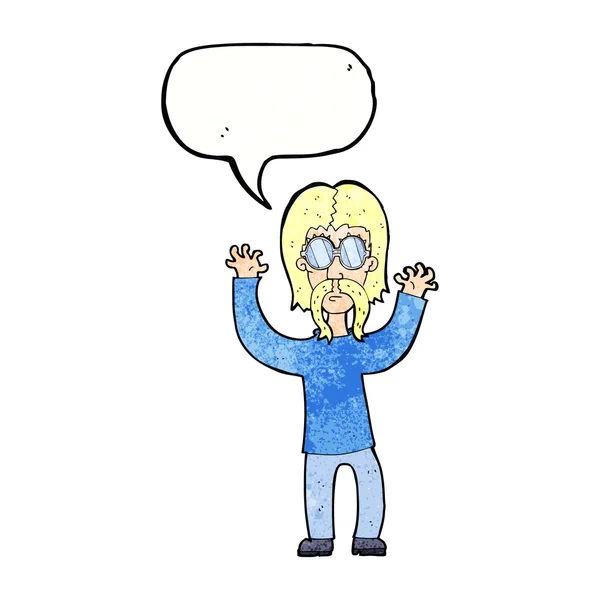 Hombre hippie de dibujos animados agitando brazos con burbuja del habla — Vector de stock