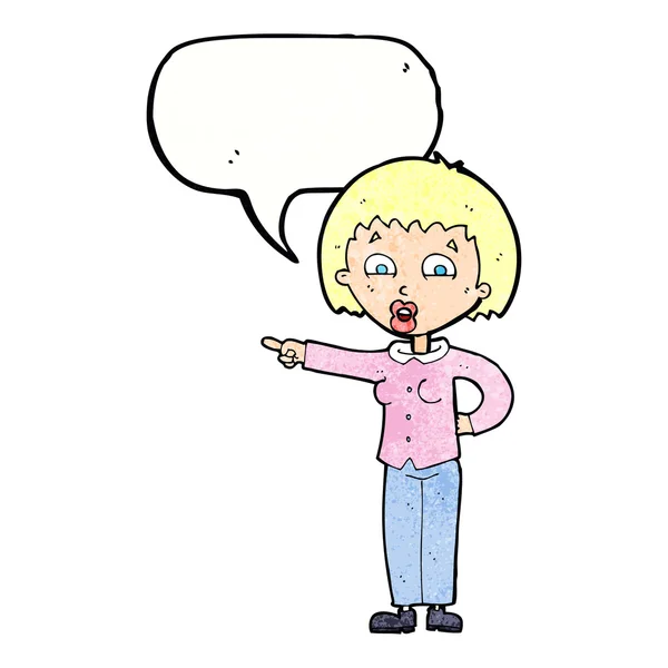Cartoon apontando mulher com bolha de fala — Vetor de Stock