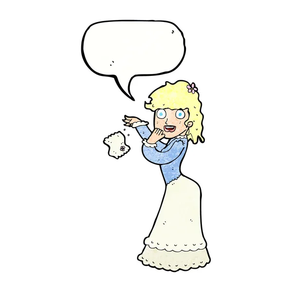 Karikatur Viktorianische Frau lässt Taschentuch mit Sprechblase fallen — Stockvektor