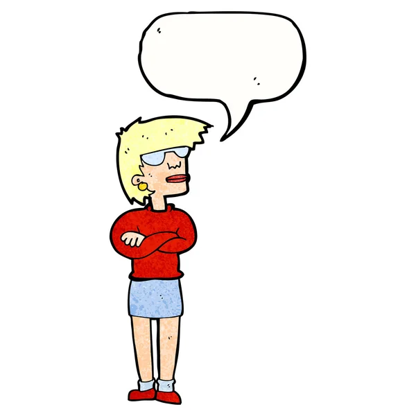 Cartoon annoyed woman with speech bubble — Stock Vector