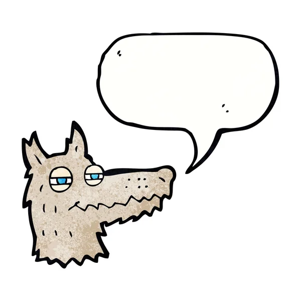 Мультяшное самодовольное волчье лицо с пузырьком речи — стоковый вектор