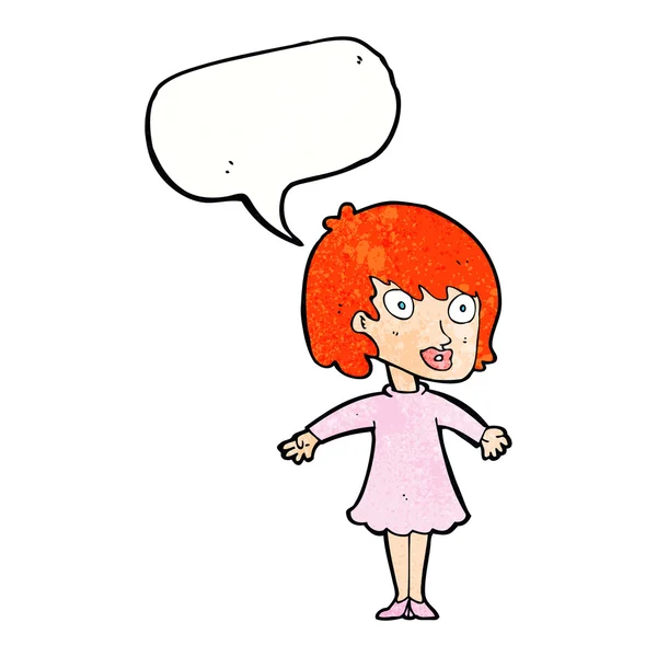 Cartoon vrouw dragen jurk met tekstballon — Stockvector