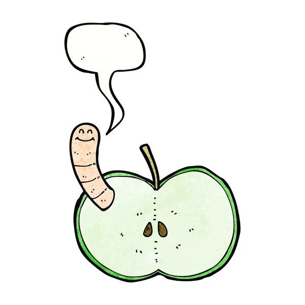 Pomme de dessin animé avec ver avec bulle de parole — Image vectorielle