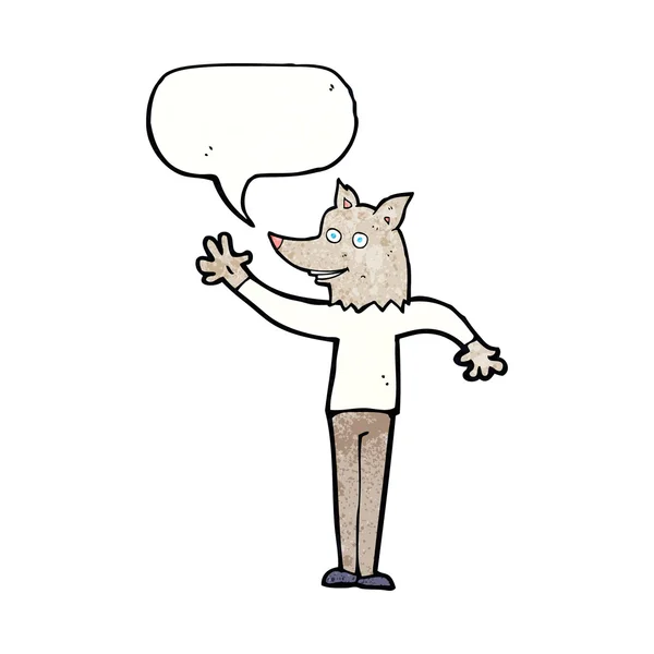 Desenho animado acenando homem lobo com bolha de fala —  Vetores de Stock