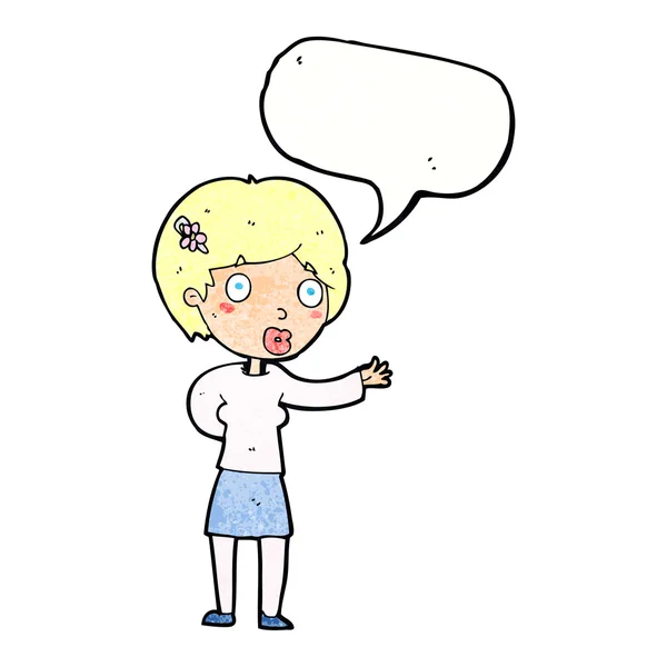 Desenho animado acenando mulher com bolha de fala — Vetor de Stock