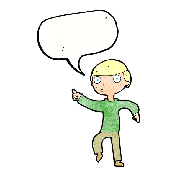 Cartoon boy pointing with speech bubble — Stock Vector