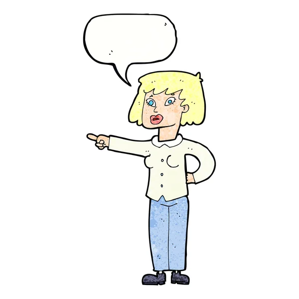 Cartoon woman pointing with speech bubble — Stock Vector