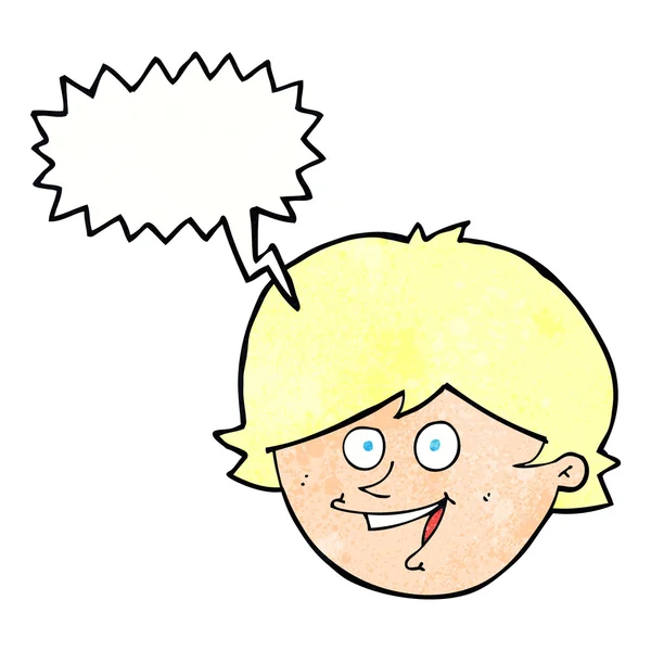 Karikatur glückliches Jungengesicht mit Sprechblase — Stockvektor