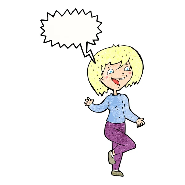 Desenho animado rindo mulher com bolha de fala — Vetor de Stock