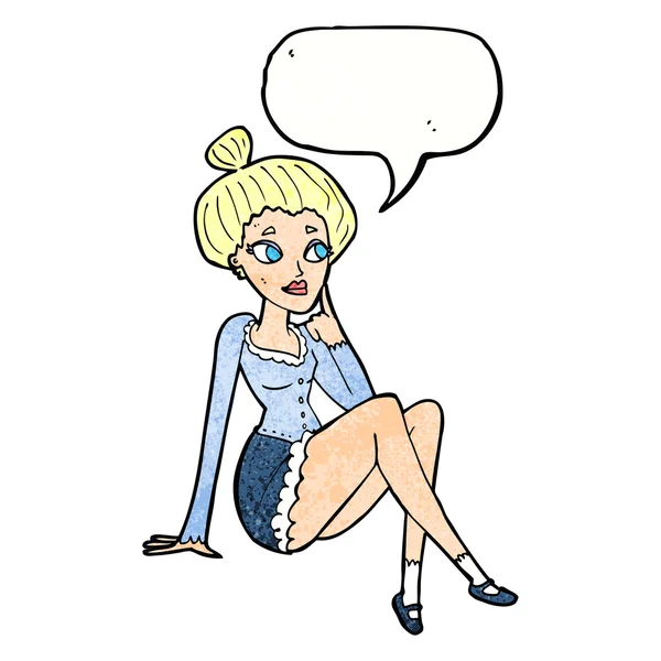Γελοιογραφία ελκυστική γυναίκα συνεδρίασης σκέψης με το συννεφάκι λόγου — Διανυσματικό Αρχείο