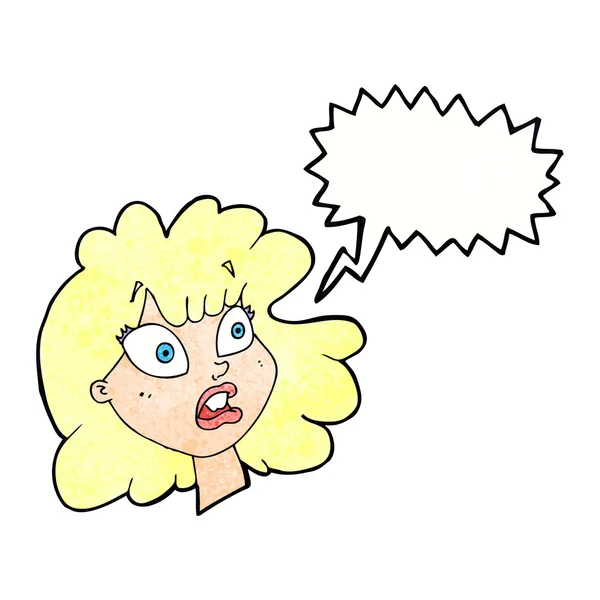 Karikatur schockiert weibliches Gesicht mit Sprechblase — Stockvektor