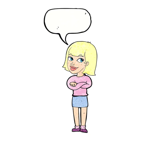 スピーチの泡を見ている漫画幸せな女 — ストックベクタ