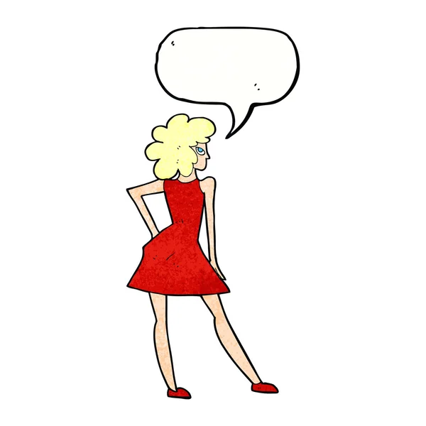 Mulher dos desenhos animados posando no vestido com bolha de fala — Vetor de Stock