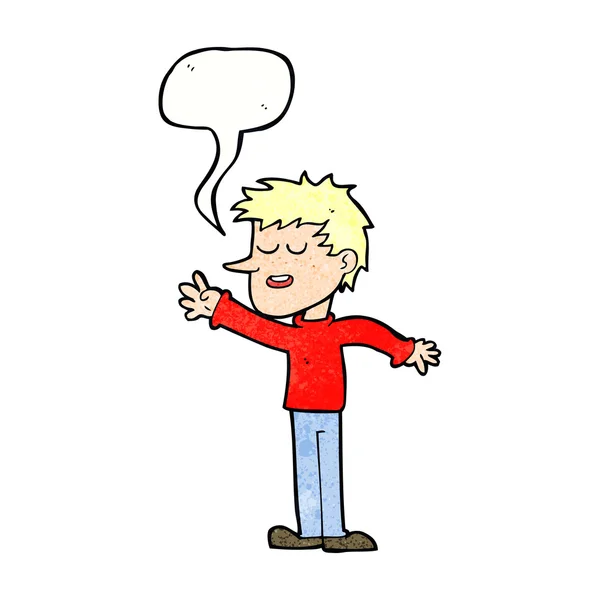 Cartoon gelukkig man bereiken met spraak zeepbel — Stockvector