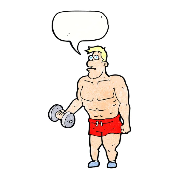 Karikaturist stemmt Gewichte mit Sprechblase — Stockvektor