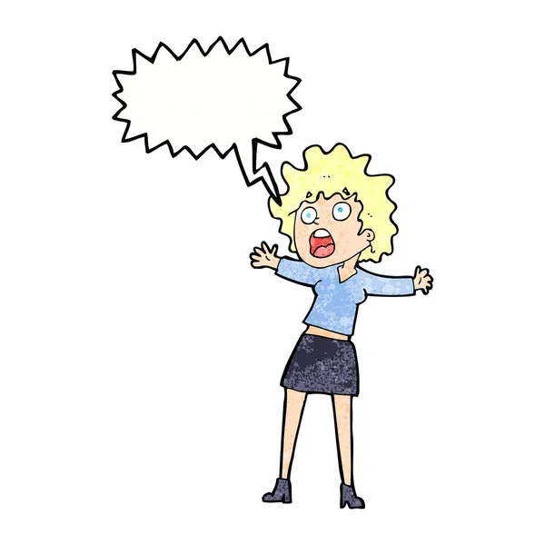 Cartoon frightened woman with speech bubble — Stock Vector