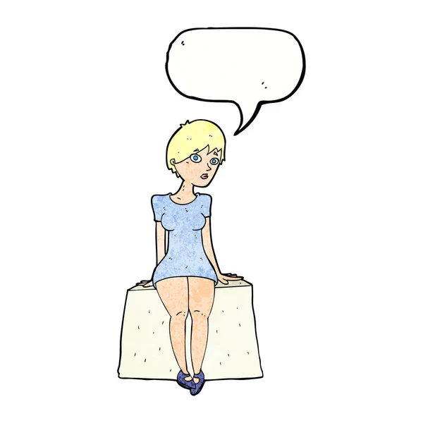 Desene animate curios femeie ședință cu balon de vorbire — Vector de stoc