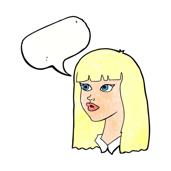 Karikatur hübsches Mädchen mit langen Haaren mit Sprechblase — Stockvektor