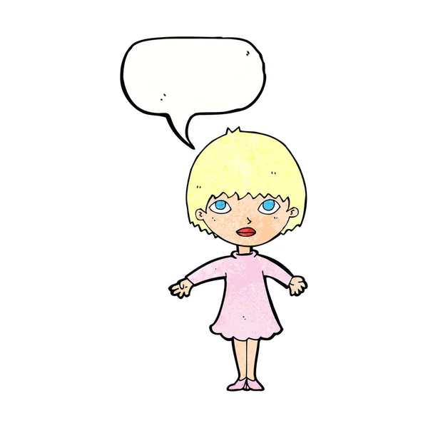 Mujer de dibujos animados en vestido con burbuja de habla — Vector de stock