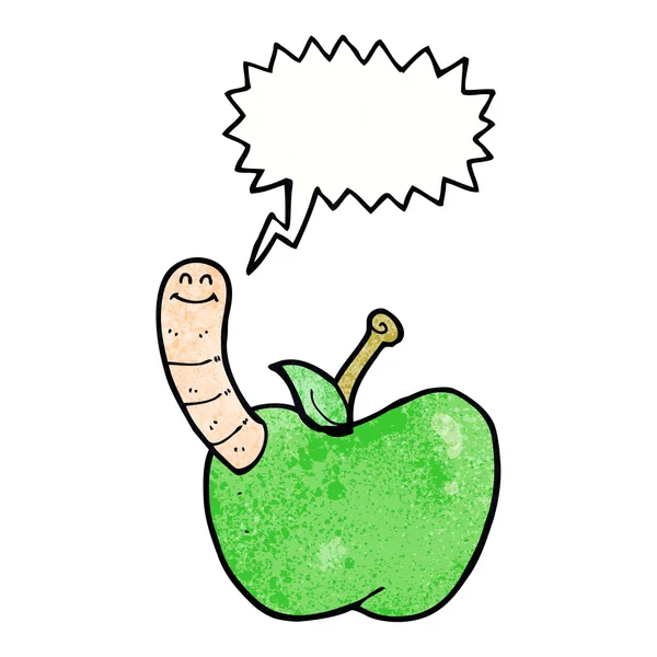 Pomme de dessin animé avec ver avec bulle de parole — Image vectorielle