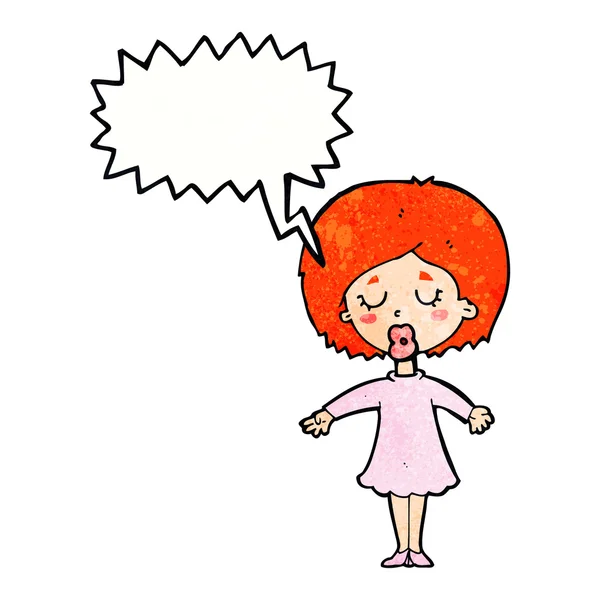 Cartoon vrouw in jurk met spraakbel — Stockvector