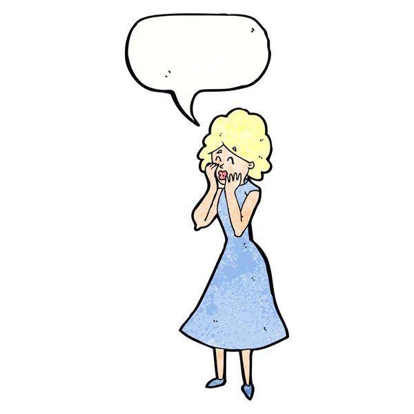 Γελοιογραφία ανησυχούν γυναίκα με το συννεφάκι λόγου — Διανυσματικό Αρχείο