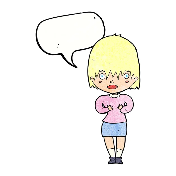 Femme dessin animé qui fait Qui moi ? geste avec bulle vocale — Image vectorielle