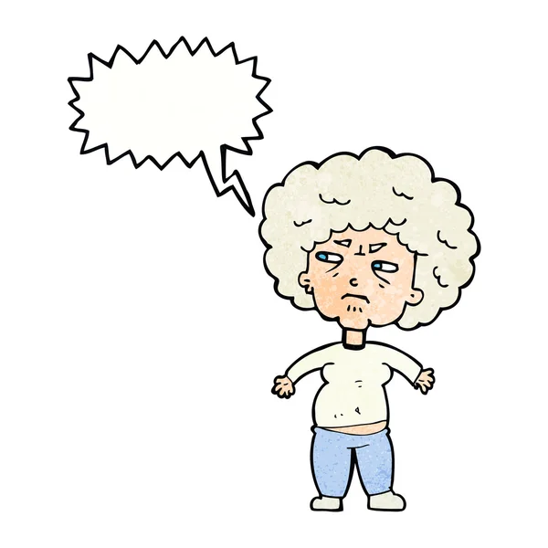 Cartoon geërgerd oude vrouw met tekstballon — Stockvector