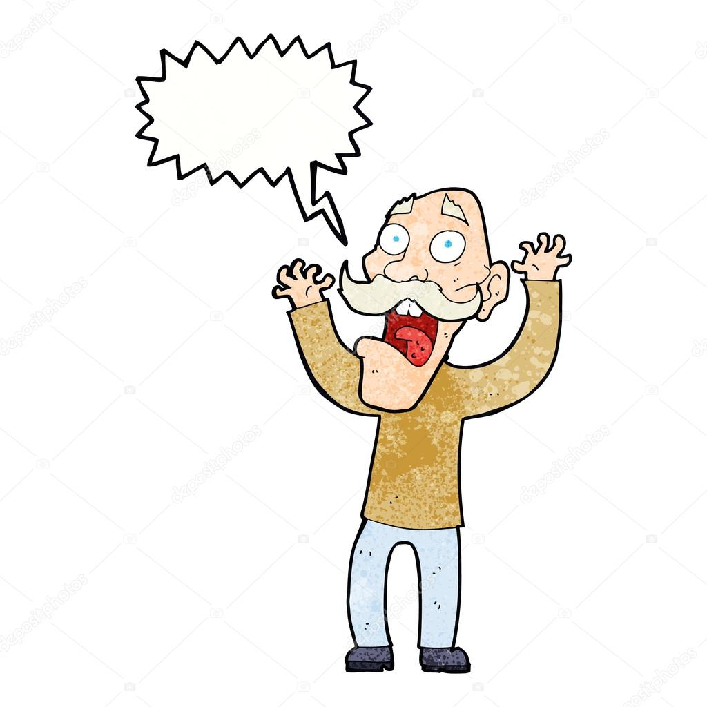 cartoon old man getting a fright with speech bubble