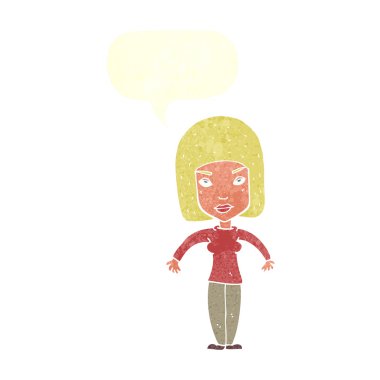 Çizgi filmdeki kadın konuşma balonuyla omuz silkiyor.