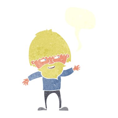 Çizgi film mutlu sakallı adam konuşma balonuyla el sallıyor.