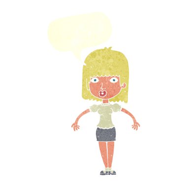 Çizgi filmdeki kadın konuşma balonuyla omuz silkiyor.