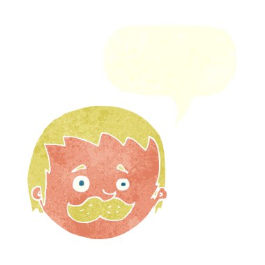 Konuşma baloncuklu bıyıklı çizgi film adamı.