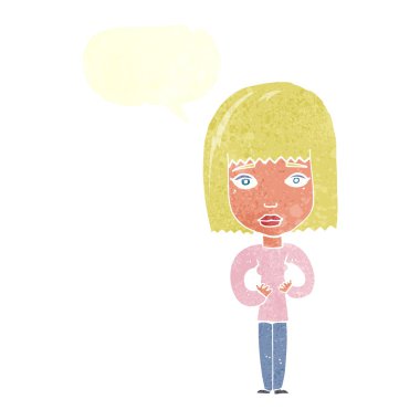 Kendini konuşma baloncuğuyla gösteren karikatür kadın.