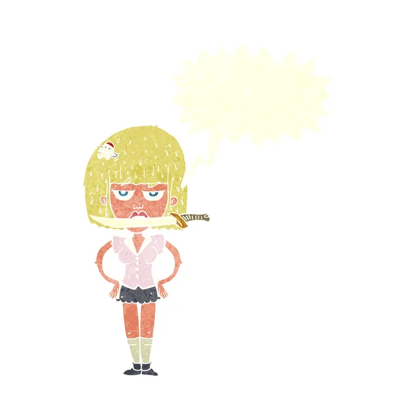 Kobieta kreskówka z nożem między zęby z dymek — Wektor stockowy