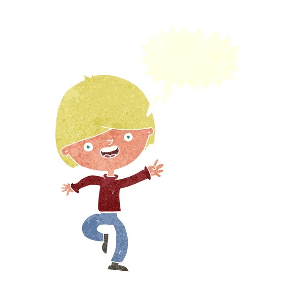 Cartoon gelukkig jongen dansen met spraak zeepbel — Stockvector