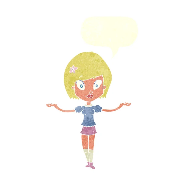Cartoon kvinna gör balanserande gest med pratbubblan — Stock vektor