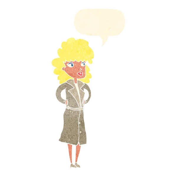 Donna cartone animato in trench con bolla discorso — Vettoriale Stock