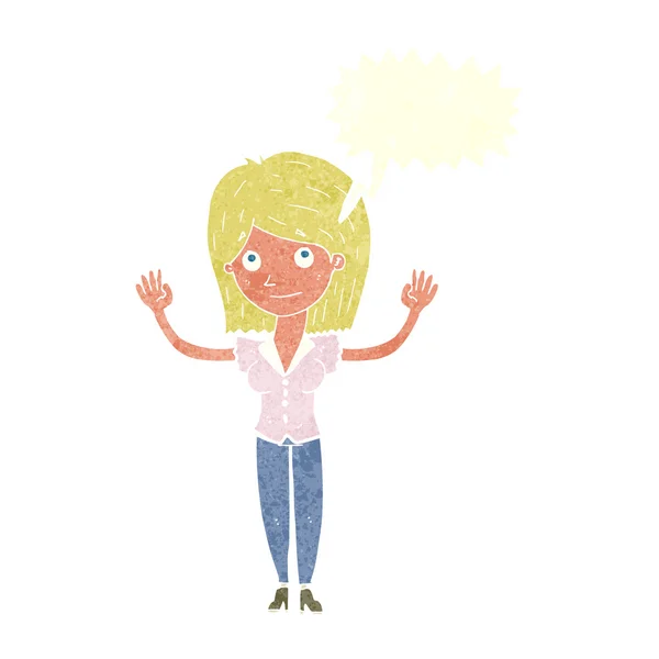 Femme dessin animé tenant les mains avec bulle de parole — Image vectorielle