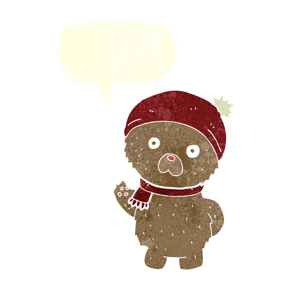 Cartoon teddy bear in winter hat and scarf with speech bubble — Stock Vector