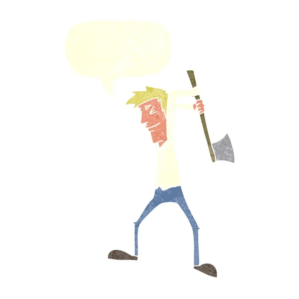 Człowiek kreskówka swinging siekiera z bańki mowy — Wektor stockowy