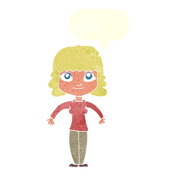 Femme dessin animé haussant les épaules avec bulle de parole — Image vectorielle