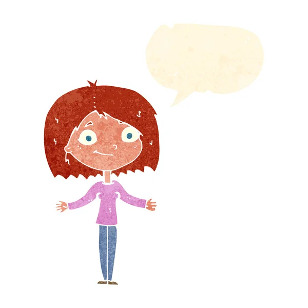 Cartoon woman shrugging shoulders with speech bubble — Stock Vector