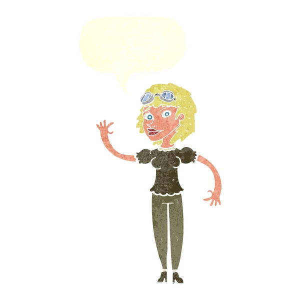 Женщина-пилот мультфильма машет речевым пузырем — стоковый вектор