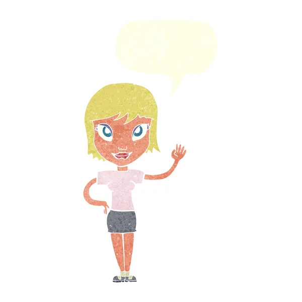Mujer de dibujos animados ondeando con la burbuja del habla — Archivo Imágenes Vectoriales