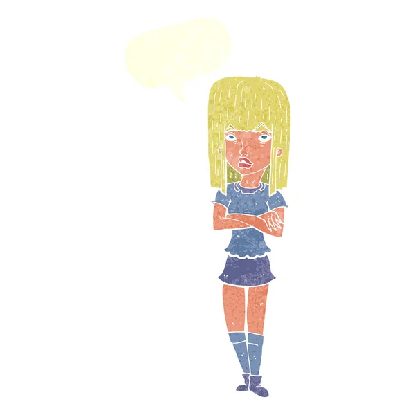 Chica de dibujos animados con brazos cruzados con burbuja de habla — Vector de stock